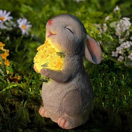 Umikk Solar-Kaninchen-Gartenstatuen, Hase mit Blumen umarmen Solarlampe Deko Bunny Figur Dekoration Zimmer Garten Lustig Geschenke, Valentinstag Jahrestag Geschenke für Frauen von Umikk