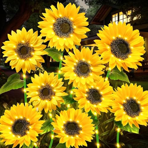 Umikk Upgraded 3 Stück Solar Sonnenblume Lichter für Garten Dekoration, Sonnenblumen Solarleuchten Garten Deko mit Leuchtende Stängel, IP65 Wasserdicht Solar Sonnenblumen Lampe (1 Ziehen Sie 3) von Umikk