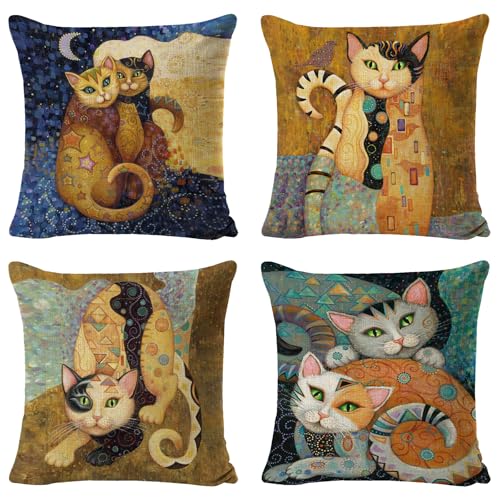 Umimiss 4 x Kissenbezüge mit Tiermotiven, Katzengeschenke für Frauen, Katzenkissen, Katzenmotiv, Raumdekoration, Katzendruck, Baumwolle und Leinen, Sitzkissen für Wohnzimmer, Sofa, Couch, Bett, von Umimiss