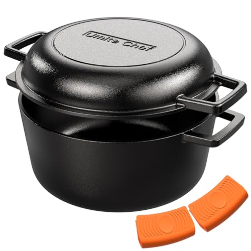 Dutch Oven Topf aus Gusseisen mit Bratpfannendeckel – voreingebrannt – Bratpfannendeckel Kochpfanne – PFAS-frei – Umite Chef Gusseisen-Pfanne Kochgeschirr für Brot, Braten, Backen – Doppelgriffe von Umite Chef