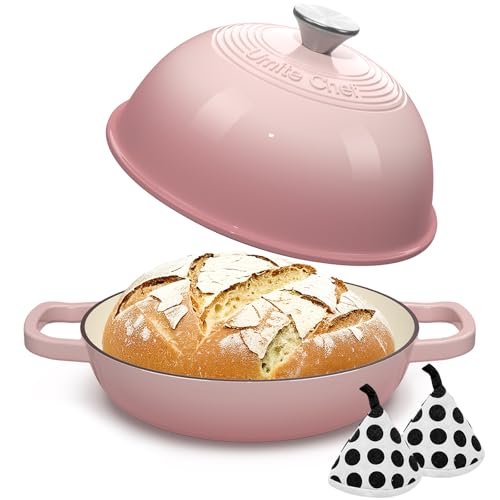 Dutch Oven Topf aus Gusseisen mit Deckel, runder Brotofen zum Sauerteigbrotbacken, Umite Chef Emaillierter Gusseisen-Brotofen mit Kuppeldeckel & Topflappen aus Baumwolle für Sauerteig, Rosa, 6 Quarts von Umite Chef
