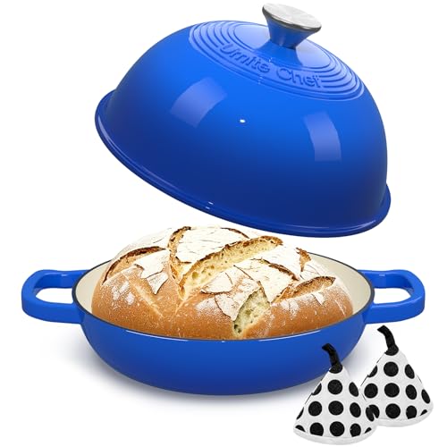 Dutch Oven Topf aus emailliertem Gusseisen - Dutch Oven Topf mit Deckel für Sauerteigbrot Backen - Gusseisen Brotofen - Dunkelblau, Umite Chef 6QT Topf mit Deckel & Topflappen aus Baumwolle von Umite Chef