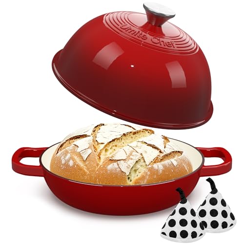 Dutch Oven Topf aus emailliertem Gusseisen - Dutch Oven Topf mit Deckel für Sauerteigbrot Backen - Gusseisen Brotofen - Rot, Umite Chef 6QT Topf mit Deckel & Topflappen aus Baumwolle von Umite Chef