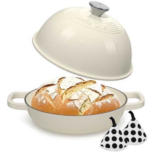 Emaillierter runder Gusseisen-Brotofen, 6 Qt Gusseisen-Dutch Oven für hausgemachtes Sauerteigbrot, Brottopf mit Kuppeldeckel und Topflappen aus Baumwolle (Cremeweiß) von Umite Chef