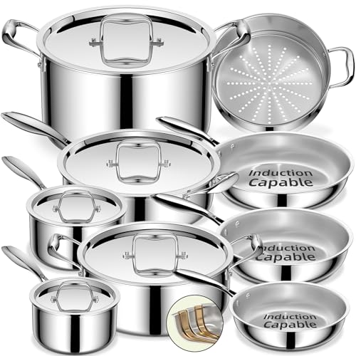 Umite Chef Edelstahl-Kochgeschirr-Set, 5-lagig, 14-teiliges Edelstahl-Topf- und Pfannenset, Induktion, schwere Kochqualität, ofenfest | Professionelle Küchenkochgeräte, PFOA, PTFE & PFOS frei von Umite Chef