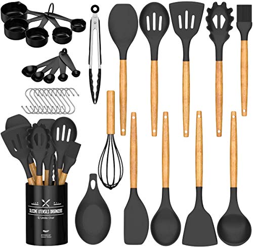 Umite Chef Küche Kochutensilien Set, 24pcs Antihaft Silikon Spatel Set mit Halter, Holzgriff Hitzebeständige Küchenhelfer (Schwarz) von Umite Chef