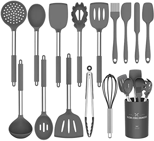 Umite Chef Küchenhelfer-Set, 15-teilig, Silikon, Kochutensilien-Set, Pfannenwender, Zange, Spatel, Löffel für antihaftbeschichtetes hitzebeständiges Kochgeschirr - (grau) von Umite Chef