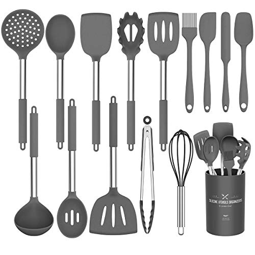 Umite Chef Küchenutensilien-Set, 15-teilig, Silikon, hitzebeständig, antihaftbeschichtet, BPA-frei, Edelstahl-Griff, Pfannenwender, Löffel, Zange, Schneebesen, Kochgeschirr von Umite Chef