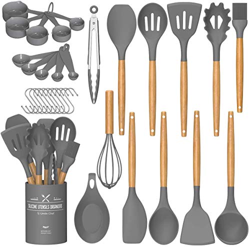 Umite Chef Küchenutensilien-Set, 24-teilig, Antihaft-Silikon, Kochutensilien, Spatel-Set mit Halter, Holzgriff, hitzebeständiges Silikon, Küchenhelfer, Utensilien-Set (grau) von Umite Chef