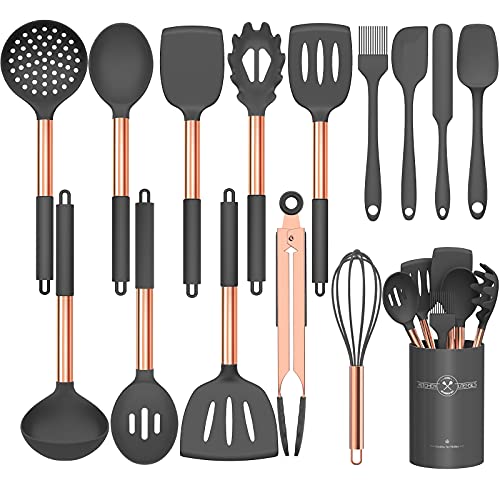 Umite Chef Silikon-Kochutensilien-Set, 15-teilig, Antihaft-Silikon, rotgoldener Griff, Kochutensilien, Schneebesen, Küchenutensilien-Set, Grau von Umite Chef