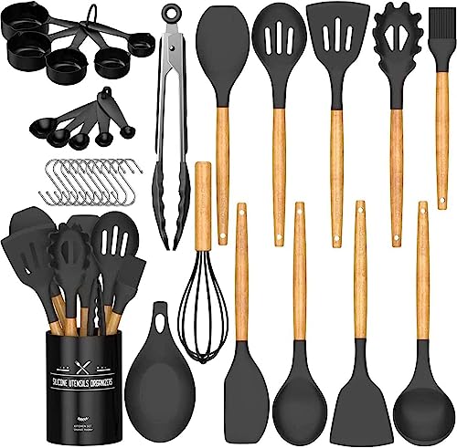 Umite Chef Küchenutensilien-Set, antihaftbeschichtet, Silikon, Küchenutensilien, Spachtel-Set mit Halter, Holzgriff, hitzebeständiges Silikon, 24-teilig von Umite Chef