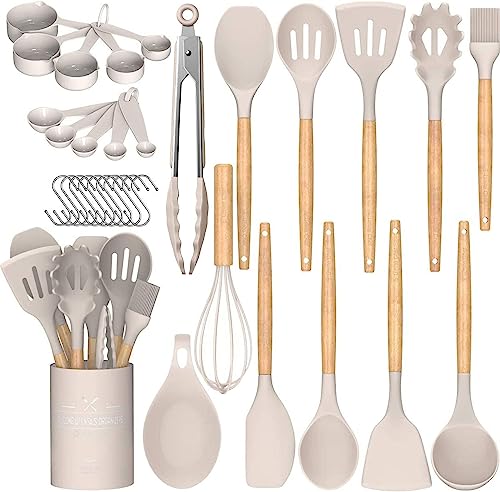 Umite Chef Küchenutensilien-Set, antihaftbeschichtet, Silikon, Küchenutensilien, Spachtel-Set mit Halter, Holzgriff, hitzebeständiges Silikon, 24-teilig von Umite Chef