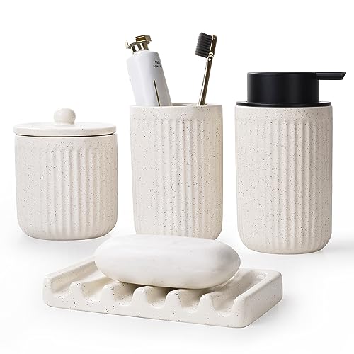 Badezimmer Set Beige UMLACA Bad Zubehör Keramik 4-Teiliges Enthält 350ml Seifenspender,Zahnputzbecher,Seifenschale,Wattestäbchen Behälter,Edle Badezimmer Deko von Umlaca