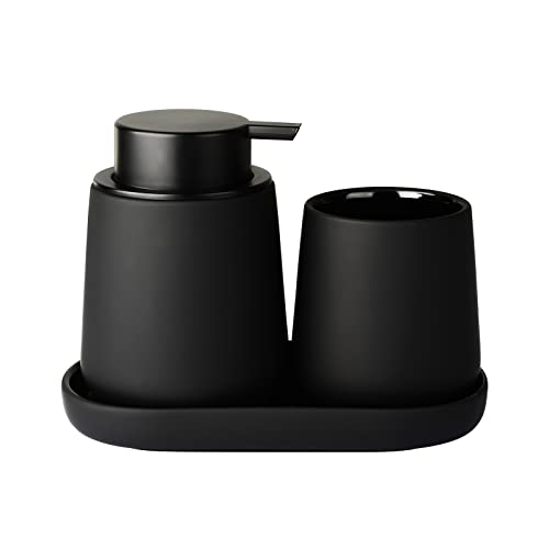 Schwarz Badezimmer Set Umlaca Bathroom Accessories,3-teiliges Zubehör Enthält 350ml Seifenspender, 320ml Zahnputzbecher und Seifenschale,Geeignet für Bad,Waschbecken,Schaumseifenspender von Umlaca