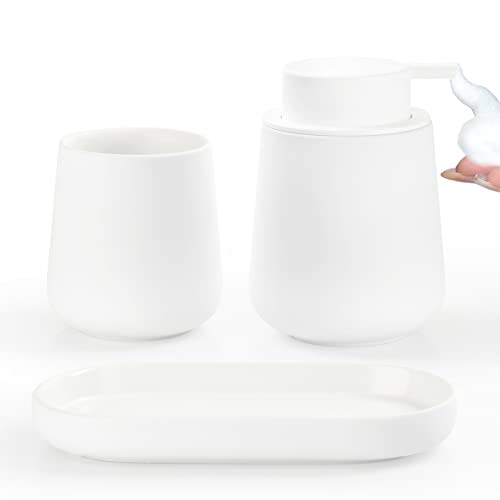 Badezimmer Set Umlaca Bathroom Accessories,3-teiliges Zubehör Enthält 350ml Seifenspender, 320ml Zahnputzbecher und Seifenschale,Geeignet für Bad,Waschbecken,Weiß Schaumseifenspender von Umlaca