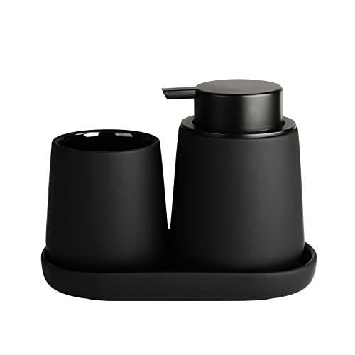 Schwarz Badezimmer Set Umlaca Bathroom Accessories,3-teiliges Zubehör Enthält 350ml Seifenspender, 320ml Zahnputzbecher und Seifenschale,Geeignet für Bad,Waschbecken,Flüssigseifenspender von Umlaca