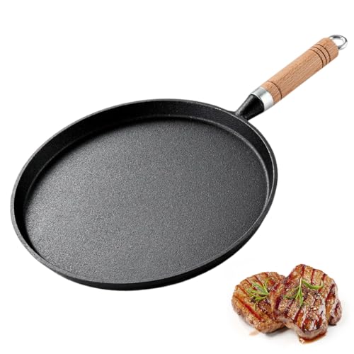 Gusseisenpfanne Grillpfanne, Cast Iron Pan Gusspfanne mit Holzgriff, Runde Pfanne Gusseisen, Kleine Steakpfanne Gusseisen Bratpfanne für Gasgrill, Gas, Camping Outdoor Kochen (Durchmesser 26cm) von Umllpet