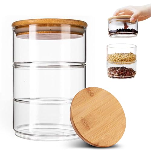 Umllpet Stapelbare Vorratsdosen Glas Set, Vorratsdosen Glas Luftdichte Bambusdeckel Spice Jars, Stapelbare luftdichte Gewürzgläser Aufbewahrungsgläser Küche für Gewürze, Kräuter, Müsli, Spaghetti von Umllpet