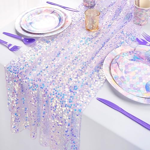 Umllpet Tischläufer Papier, 63 x 300 cm Tischläufer Tischband für Meerjungfrau Pailletten, Tischläufer Hochzeit Musselin mit Schillernden Pailletten für Hochzeitsdeko Tischdeko Geburtstag (Violett) von Umllpet