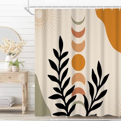 Umpoo Böhmischer Badezimmer Duschvorhang Eukalyptusblätter Mondphase Boho Thema Badvorhang mit Haken Wasserdichter Stoff Polyester Duschvorhang Moderne Ästhetik Home Dekorativ, 183 x 213 cm von Umpoo
