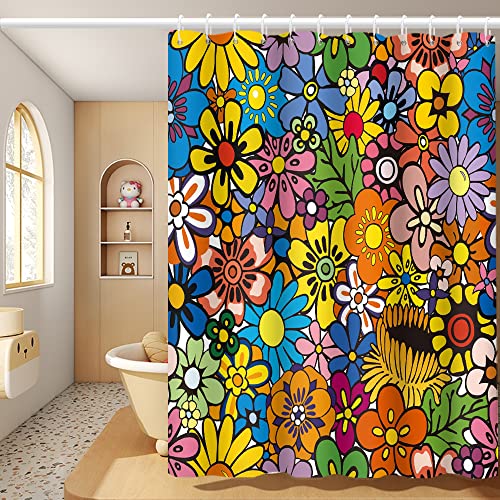 Umpoo Bohemia Duschvorhang mit bunten Blumen, Retro, Hippie, 60er-, 70er-Jahre, ästhetisch, waschbar, Polyester, strapazierfähiger Stoff, mit Haken, 183 x 183 cm von Umpoo