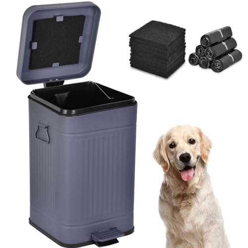 Umtiti UP12L-GY-F+90BK Hundekot-Mülleimer mit Deckel für draußen, 10 l Mülleimer mit Aktivkohlefilter und Plastiktüten, Haustierabfallbehälter, 10 l von Umtiti