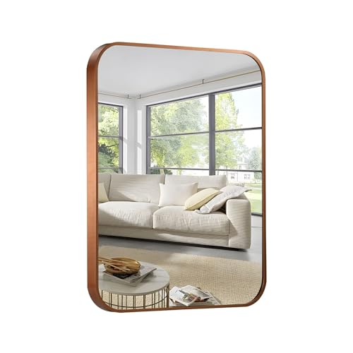 Umzodo 61 x 91,4 cm gebürsteter Bronze-Metallrahmen, Abgerundeter rechteckiger Spiegel, braun, Wandspiegel für Badezimmer, Eingangsbereich, Waschtisch, Wohnzimmer, Schlafzimmer, vertikal oder von Umzodo