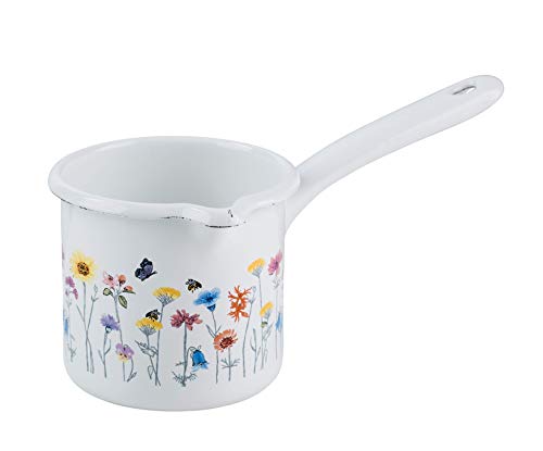 RIESS 0284-070 Schnabeltopf mit Stiel, COUNTRY SONDEREDITION FLORA, Durchmesser 10 cm, Inhalt 0,75 Liter, Emaille, weiß, Induktion, Induktion, Riess Emaille Topf von Riess