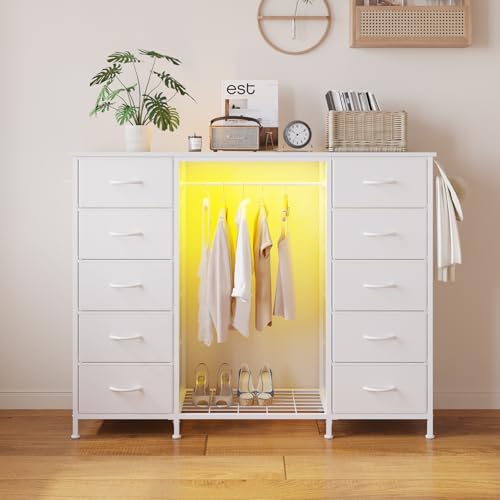 UnbYuro Große 2-in-1 Kommode mit Kleiderständer, 10 Schubladenschrank, Kommoden Stoffschubladen, LED-Leuchten fürs Schlafzimmer (Weiß) von UnbYuro