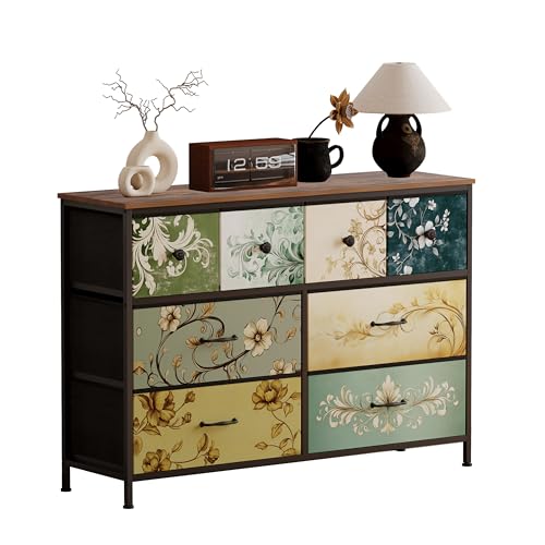UnbYuro Kommode, Stoffaufbewahrung, Kommode, Schubladen für Schlafzimmer, Flur, Kinderzimmer, Schränke, Stahlrahmen, Holzplatte, leicht zu ziehender Griff (Rustic Brown, 8 Schubladen) von UnbYuro