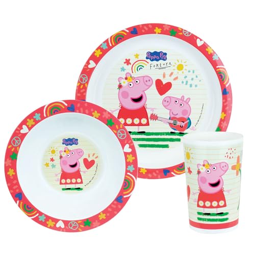 Fun House 006105 PEPPA PIG Mahlzeiten-Set bestehend aus einem flachen Teller Ø 22 cm, einem tiefen Teller Ø 16 cm und einem Glas 220 ml für Kinder von Fun House