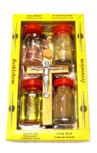 1 x Heiligwasser, Erde, Räucherstäbchen, Öl und echtes Olivenholzkreuz aus dem Heiligen Land 5 in 1 Set von Unbekannt