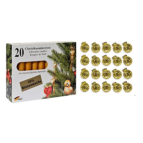 10210254GB - Baumkerzen-Set 40-teilig, 20 goldene Baumkerzenhalter 15 mm und 20 Bienenwachs-Kerzen 13 x 10 mm, 10% Bienenwachs, Weihnachtsbaum, Advent von Unbekannt