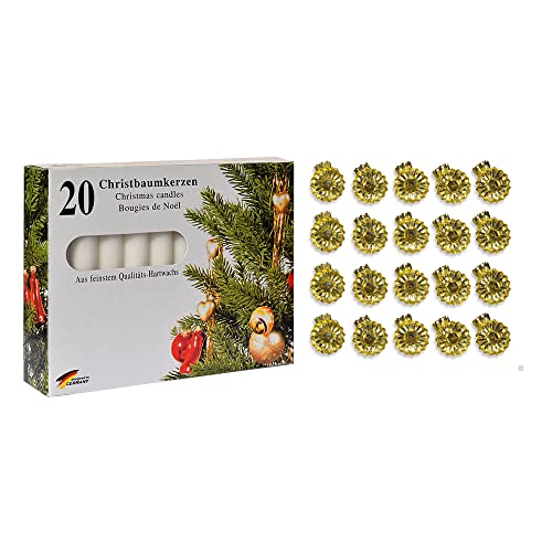 10210254GW - Baumkerzen-Set 40-teilig, 20 goldene Baumkerzenhalter 15 mm und 20 weiße Kerzen 13 x 10 mm, Weihnachtsbaum, Advent von Diverse