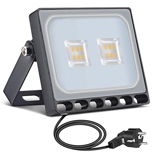 10W LED Flutlicht Flutlichtstrahler Strahler Scheinwerfer, LED Fluter Baustrahler mit Stecker Wasserdicht IP65, 3000K Warmweiß, Ideale Wandleuchte Außenbeleuchtung für Garten, Garage, Hotel von papasbox