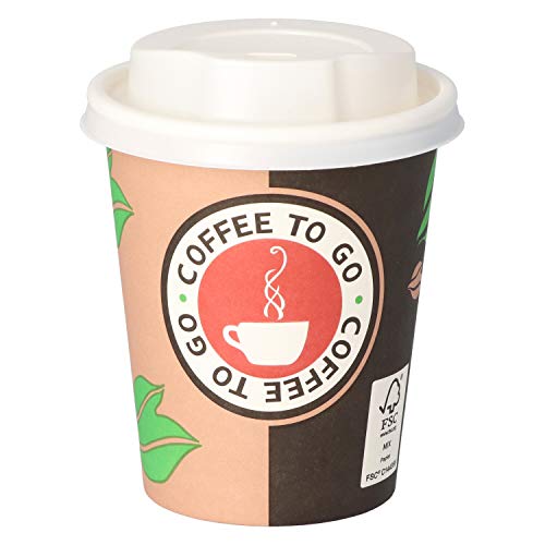 200 Kaffeebecher 8 oz für 200 ml Coffee to Go Pappbecher 0,2 ltr Cappuccinobecher mit weißem Deckel mit Trinköffnung von der-verpackungs-profi