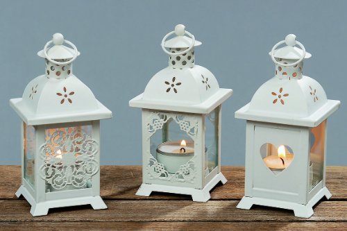 3 Stk Laternen weiß Metall / Glasscheiben Teelichthalter Hochzeit Feste Partydekoration Windlichter Nostalgie Vintage Shabby Chic Metalllaterne Laternen von Unbekannt