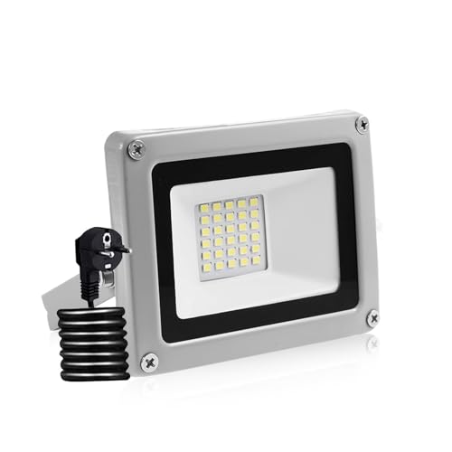 papasbox 30W LED Strahler Außen, LED Fluter IP65 wasserdicht Außenstrahler Flutlichtstrahler Aluminium Scheinwerfer Licht 6000K Kaltweiß, EU Stecker, ideale Wandleuchte für Garten, Garage, Sportplatz von papasbox