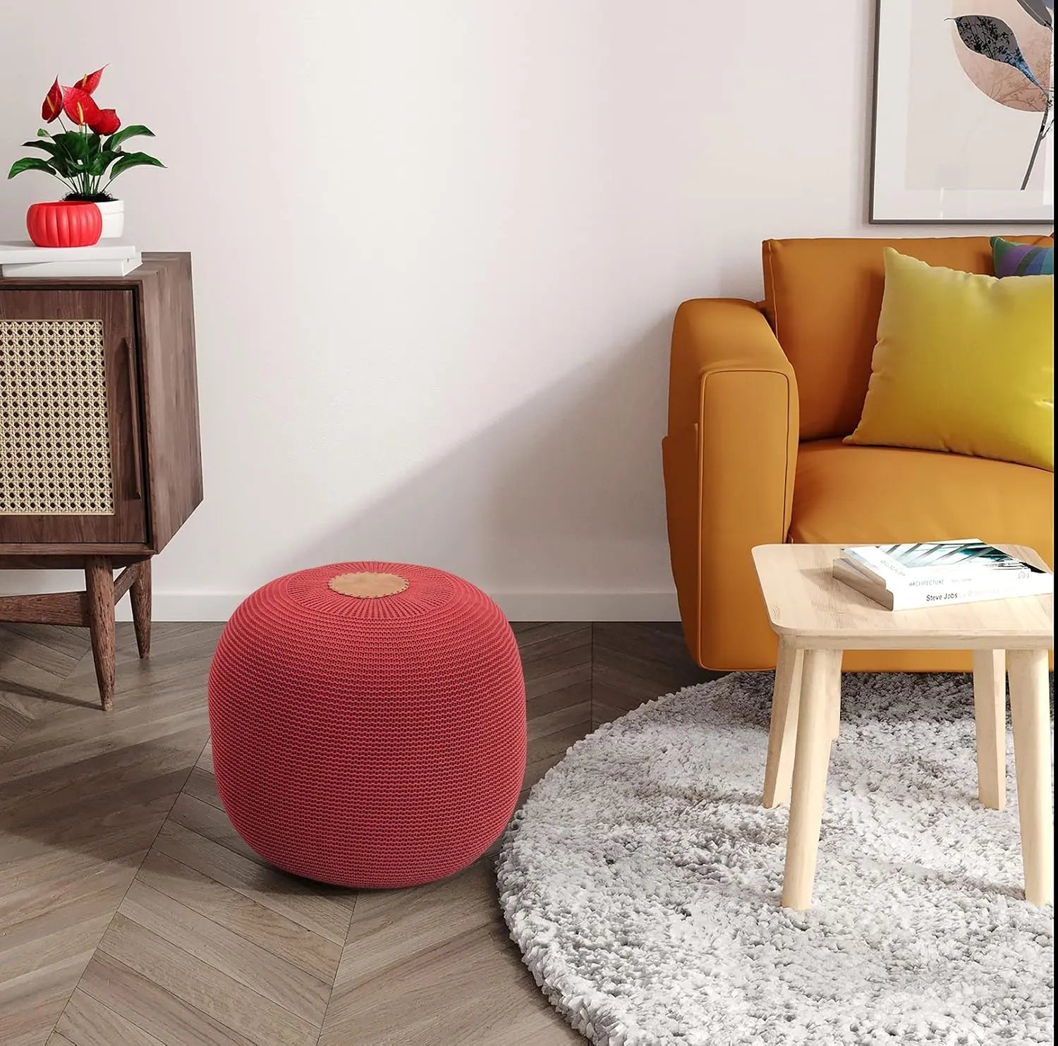 B-Ware Gozos Boho Pouf ø 40 Cm Hocker Sitzsäcke Strick Sitzhocker Rund Polsterhocke Rot von Unbekannt