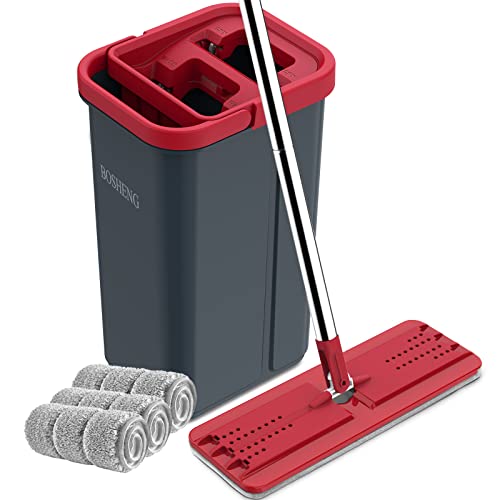 BOSHENG Wischmopp und Eimer mit Auswringer-Set, freihändiger flacher Bodenwischer und Eimer, 3 waschbare Mikrofaser-Pads, Nass- und Trockenanwendung, Bodenreinigungssystem für Zuhause, Schwarz und Rot von BOSHENG