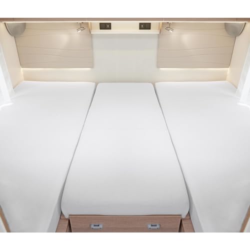 G BETTWARENSHOP – Spannbettlaken für Wohnmobile & Wohnwagen – Spannbetttuch Set 3-teilig für 2 Längsbetten + Mittelteil – Jersey Bettlaken für Heckbetten 2 Längsbetten + Mittelteil Silber von G BETTWARENSHOP