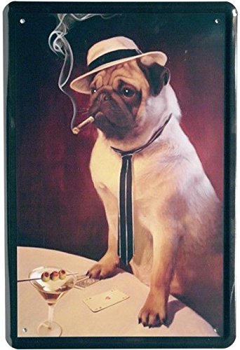 Blechschild 20x30 cm Mops mit Hut Zigarre Cocktail Casino fun Hund Bar Metall Schild von Unbekannt