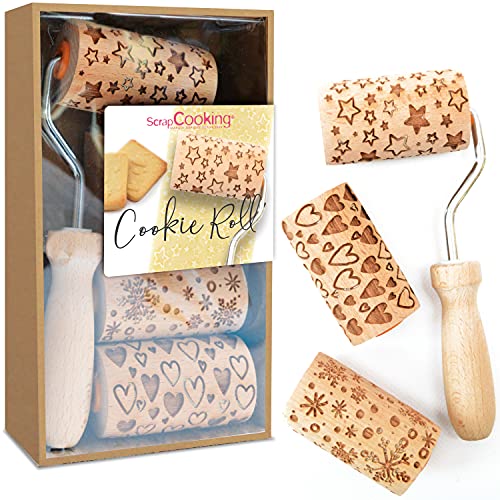 ScrapCook Cookie Roll Set mit 3 Mini-Rollen zum Backen aus Holz mit Motiven – Dekos mit Relief – Backform Dekoration Kekse, Sandgestrahlt, Cookies - 3963 von ScrapCooking