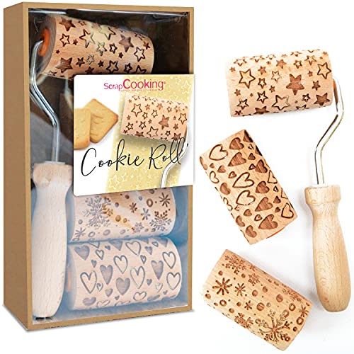 ScrapCook Cookie Roll Set mit 3 Mini-Rollen zum Backen aus Holz mit Motiven – Dekos mit Relief – Backform Dekoration Kekse, Sandgestrahlt, Cookies - 3963, Beige von ScrapCooking