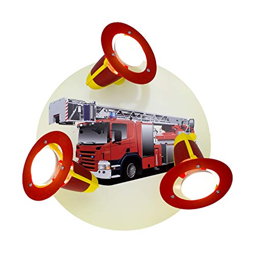 Elobra Wandlampe Kinderzimmer 'Kinderlampe Feuerwehr' | Hochwertige Deckenlampe für Jungen aus Holz - mit Feuerwehr Motiv, 30 x 30 x 18 cm, Rot/Bunt von Elobra