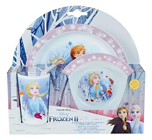 FUN HOUSE 005716 DISNEY Die Eiskönigin Essens-Set bestehend aus Speiseteller Ø 22 cm, Suppenteller oder Schüssel Ø 16 cm und Glas 220 ml für Kinder von Fun House