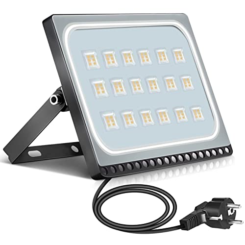 papasbox 100W LED Flutlicht Flutlichtstrahler Strahler Scheinwerfer, LED Fluter Baustrahler mit Stecker Wasserdicht IP65, 3000K Warmweiß, Ideale Wandleuchte Außenbeleuchtung für Garten, Garage, Hotel von papasbox