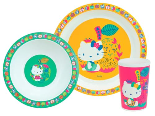 FUN HOUSE 005988 HELLO KITTY Essensset bestehend aus Speiseteller Ø 22 cm, Teller tief oder Schüssel Ø 16 cm und Glas 220 ml, rosa von Fun House