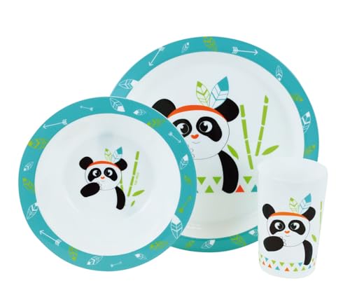 Fun House 005672 Indian Panda Essens-Set für Kinder, mikrowellengeeignet mit Teller, Schüssel und Glas von Fun House