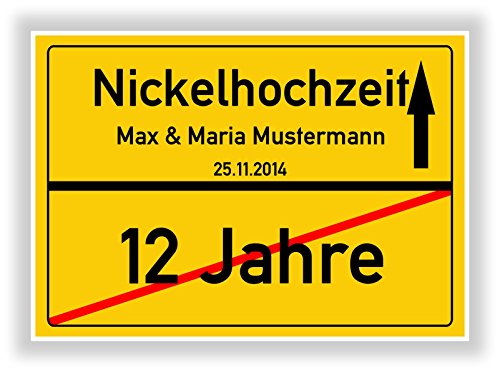 Geschenkidee zur Nickelhochzeit - 12 Jahre verheiratet - Nickel Hochzeit - Ortsschild Bild Geschenk zum Hochzeitstag - Jubiläum mit Namen und Datum von Druck-Geschenk